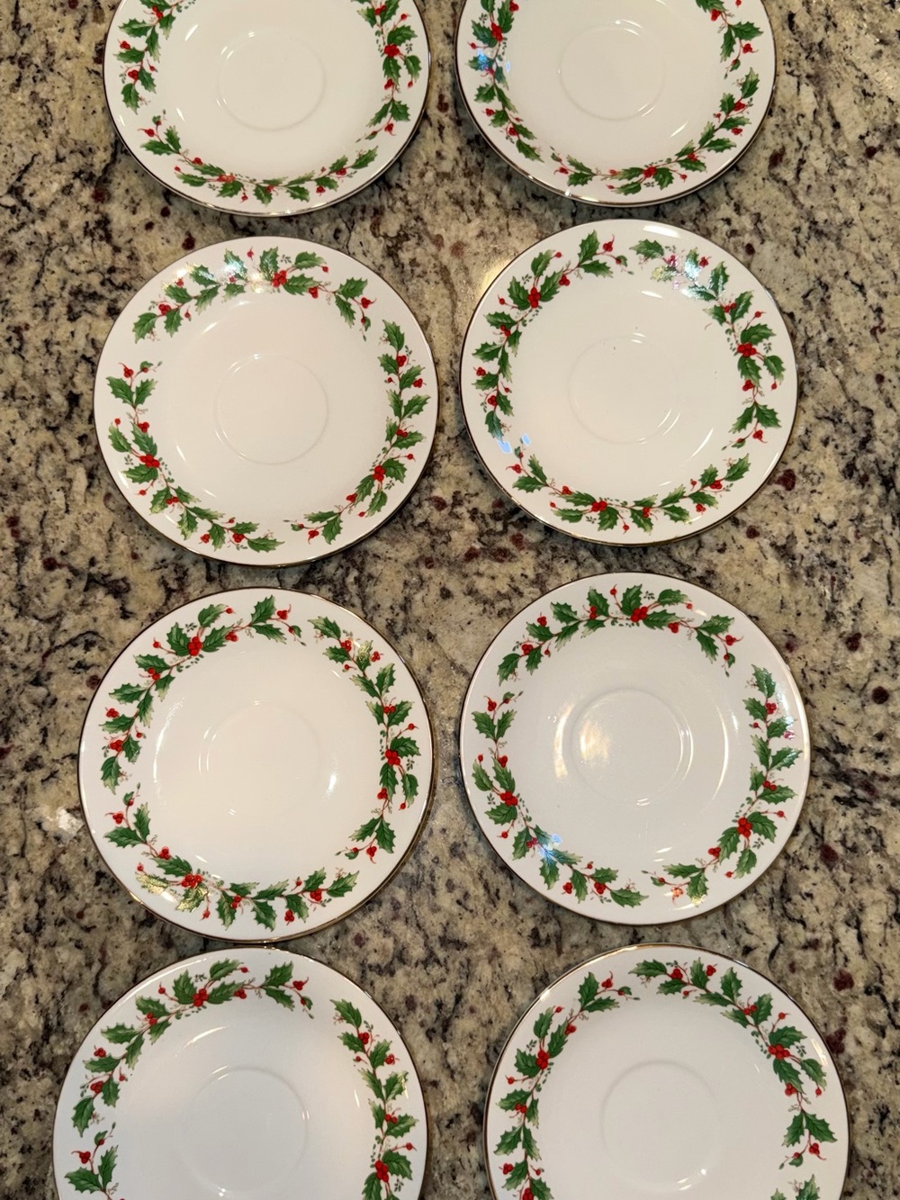 🎄 China Pearl “Noel” Fine China — Set of 8 Holly Saucers — 6"